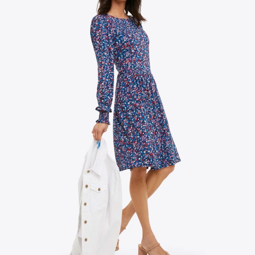 Draper James Boat Neck Kitty Dress Long Sleeve Blue Floral Women’s Medium Knee M